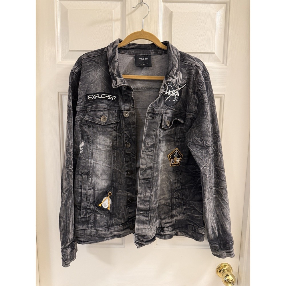 WT02 Men's Denim Jacket L Gray/Black NASA Space Patch Button Front Pockets